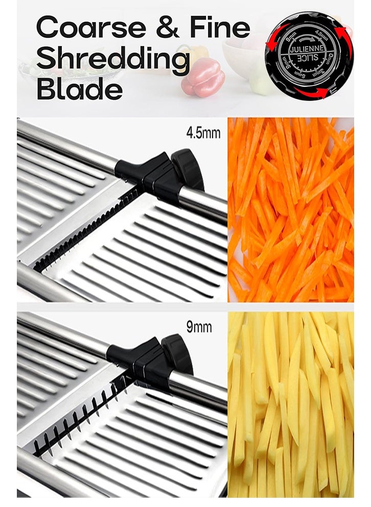 غوغا قطّاعة ماندولين قابلة للتعديل للمطبخ من الستانلس ستيل، قطّاعة طعام وقطّاعة خضار للخيار والبطاطس والملفوف والجزر والبصل، قطاعه بطاطس، مع فرشاة تنظيف ودافع طعام، سهلة الاستخدام والتنظيف - Image 4